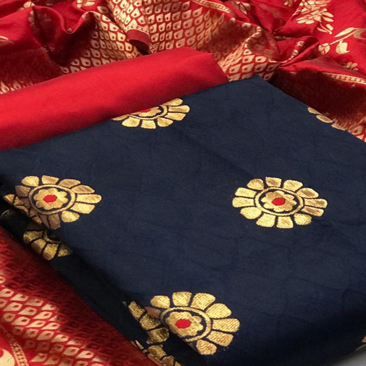 Desirable Navy Blue Colored Festive Wear Woven Banarasi Silk Dress Material