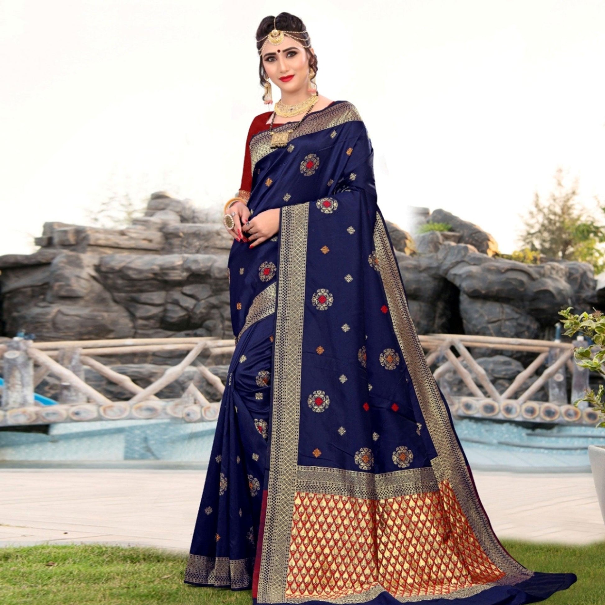 Desirable Navy Blue Colored Festive Wear Woven Lichi Silk Saree