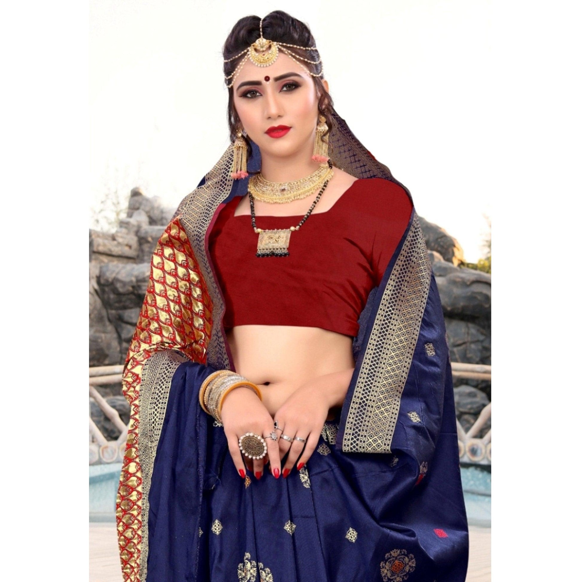 Desirable Navy Blue Colored Festive Wear Woven Lichi Silk Saree