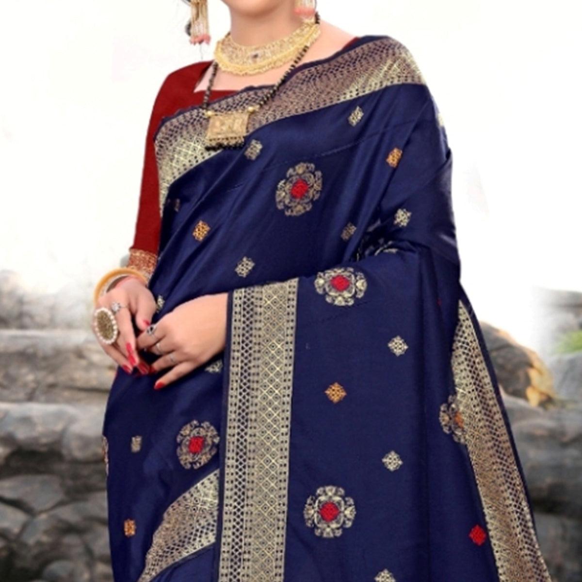 Desirable Navy Blue Colored Festive Wear Woven Lichi Silk Saree