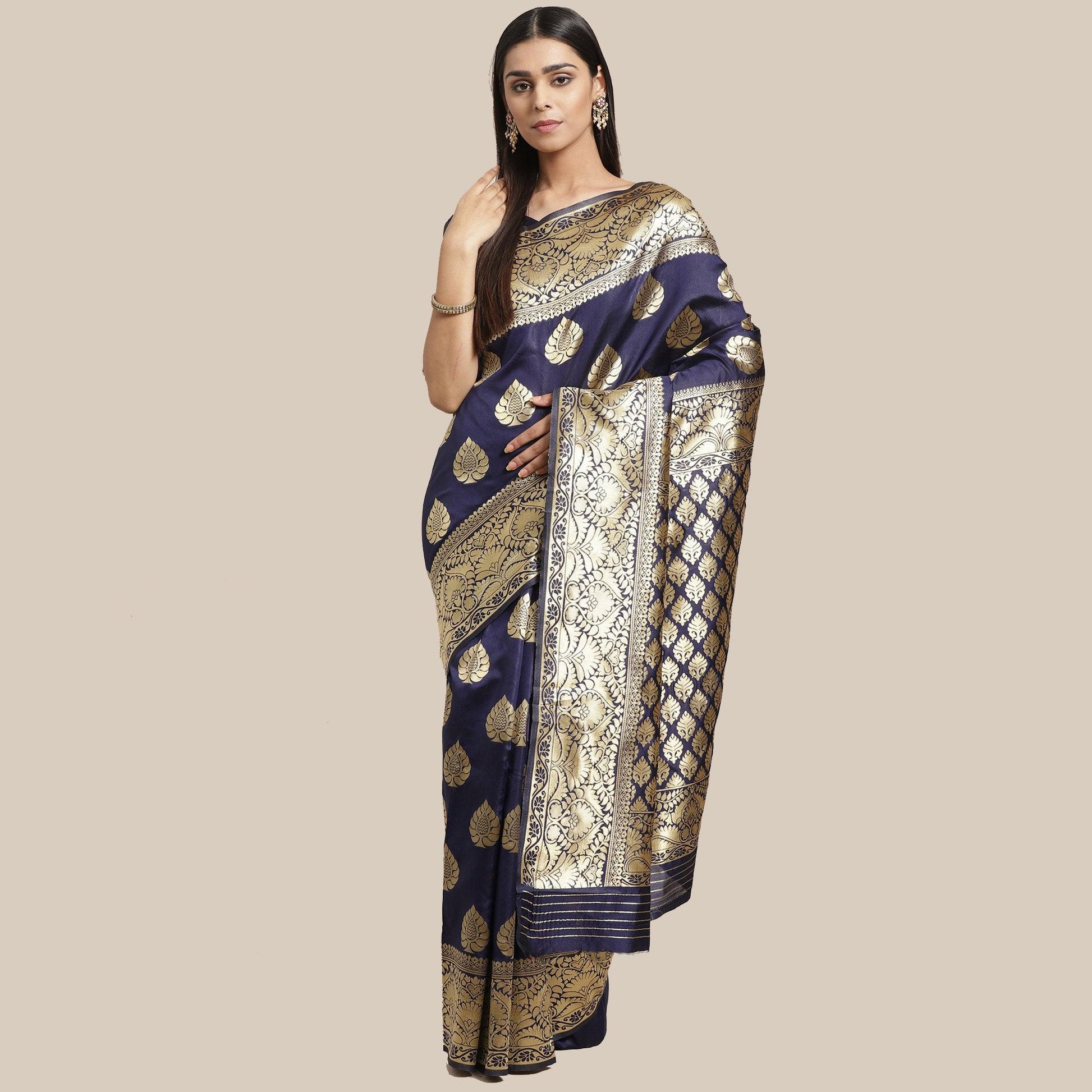 Desirable Navy Blue Colored Festive Wear Woven Silk Blend Saree