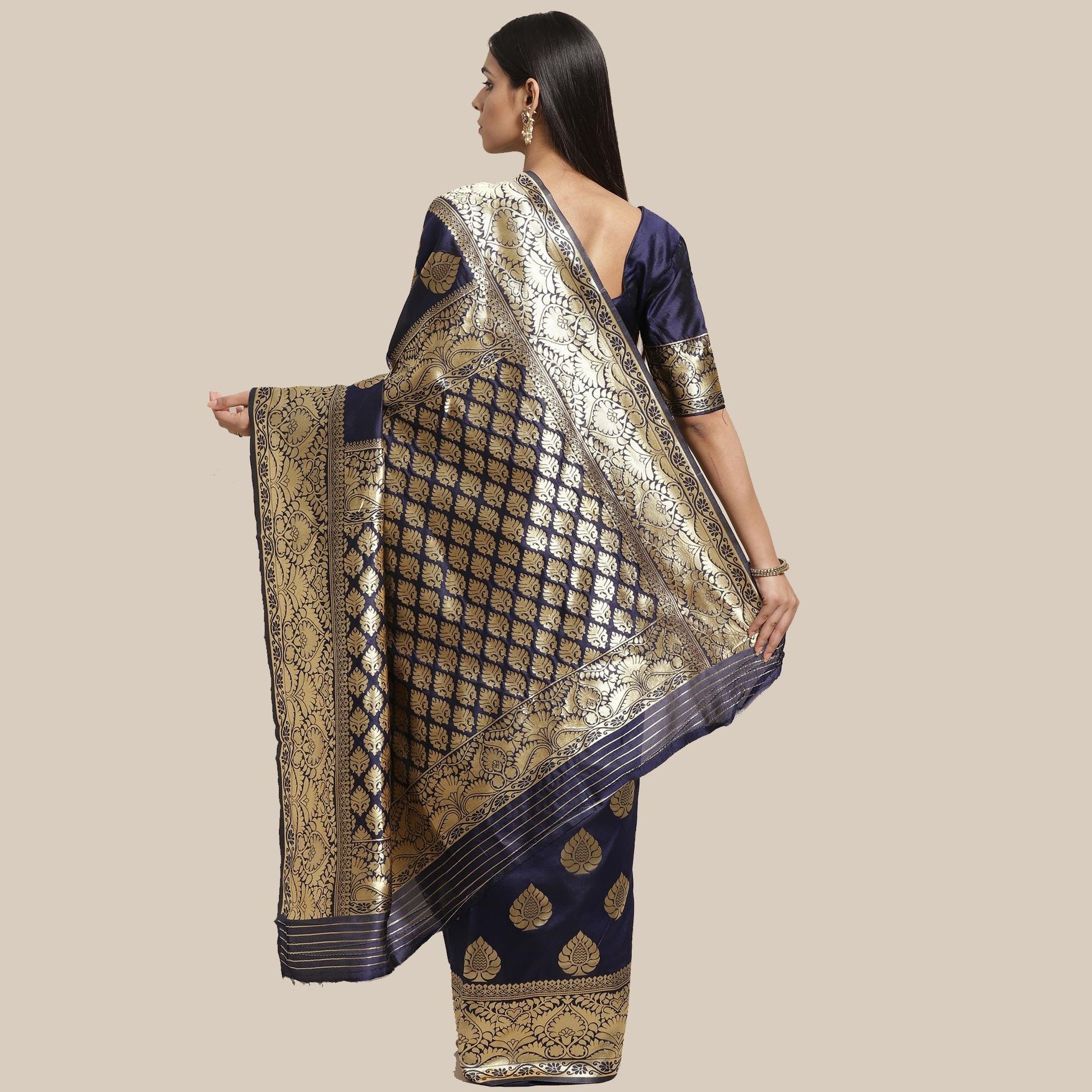 Desirable Navy Blue Colored Festive Wear Woven Silk Blend Saree