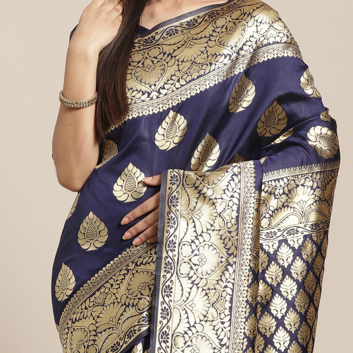 Desirable Navy Blue Colored Festive Wear Woven Silk Blend Saree