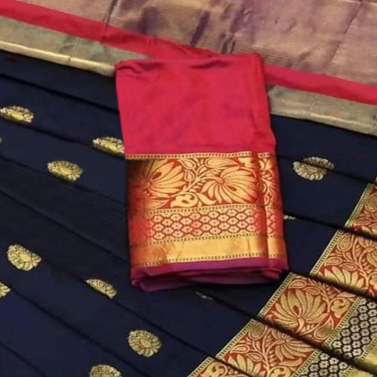 Desirable Navy Blue Colored Festive Wear Woven Silk Saree
