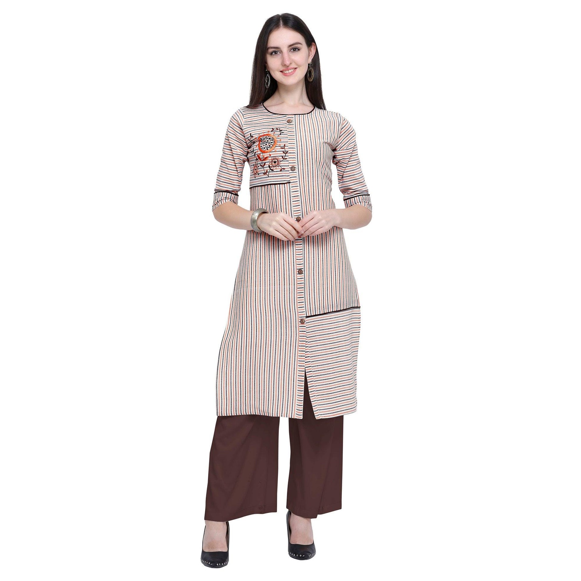 Desirable Off White Colored Casual Wear Embroidered Cotton Kurti-Palazzo Set