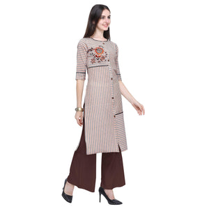 Desirable Off White Colored Casual Wear Embroidered Cotton Kurti-Palazzo Set