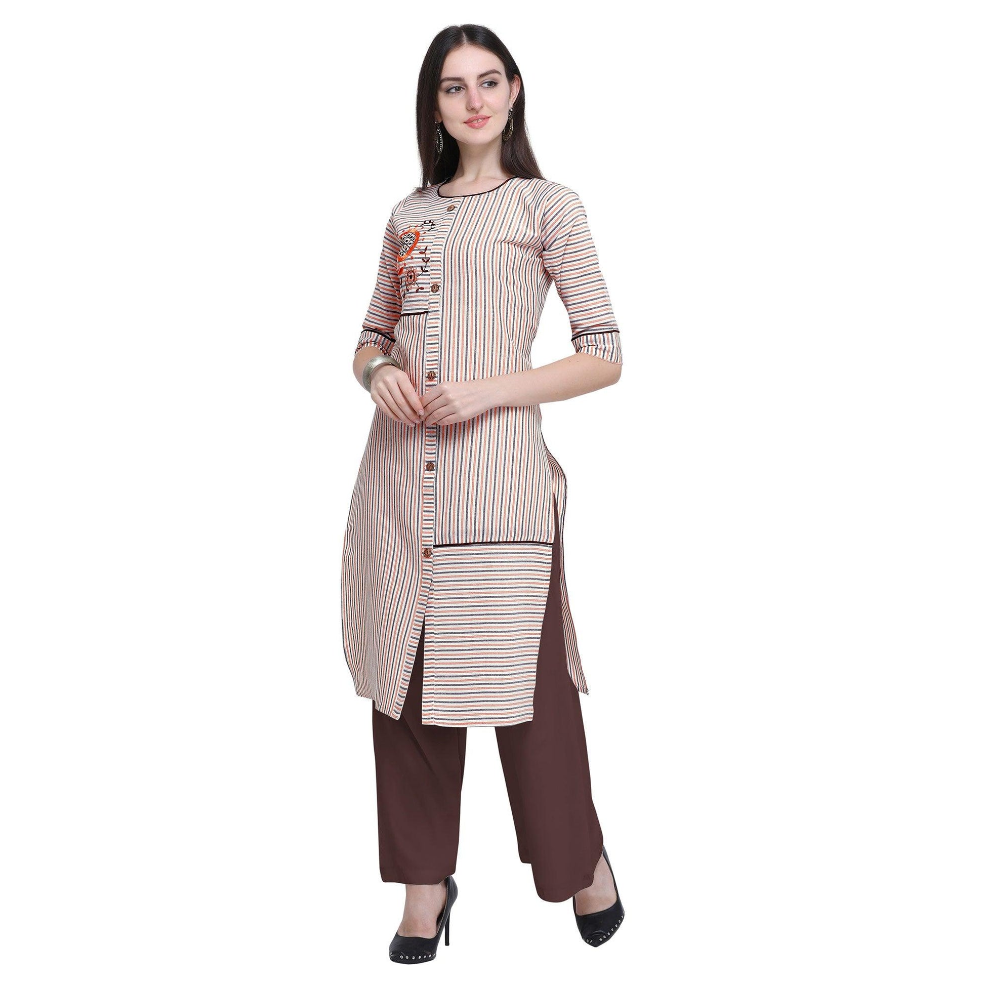 Desirable Off White Colored Casual Wear Embroidered Cotton Kurti-Palazzo Set