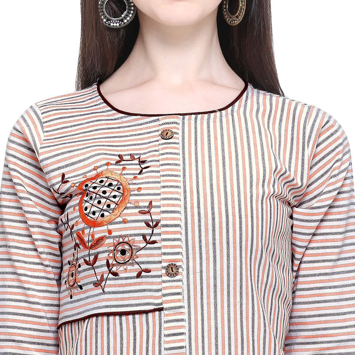 Desirable Off White Colored Casual Wear Embroidered Cotton Kurti-Palazzo Set