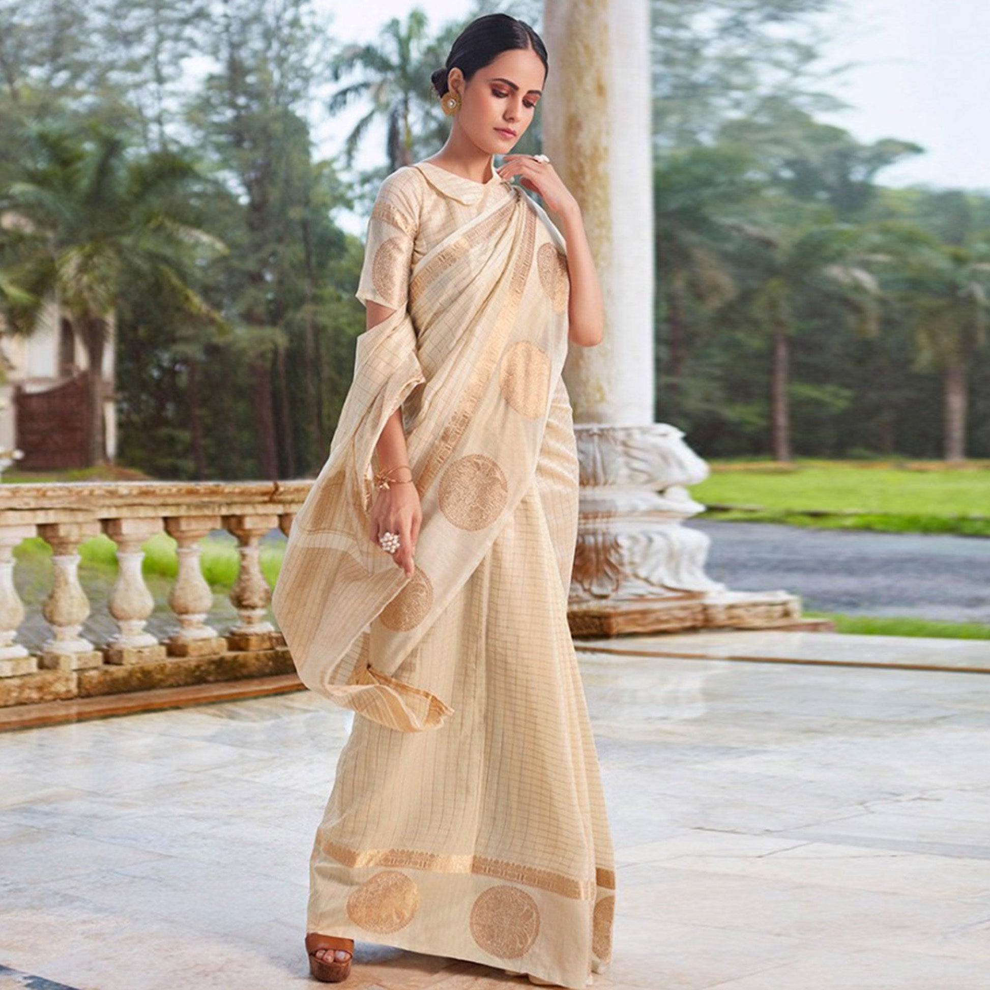 Desirable Offwhite Colored Festive Wear Woven Silk Saree