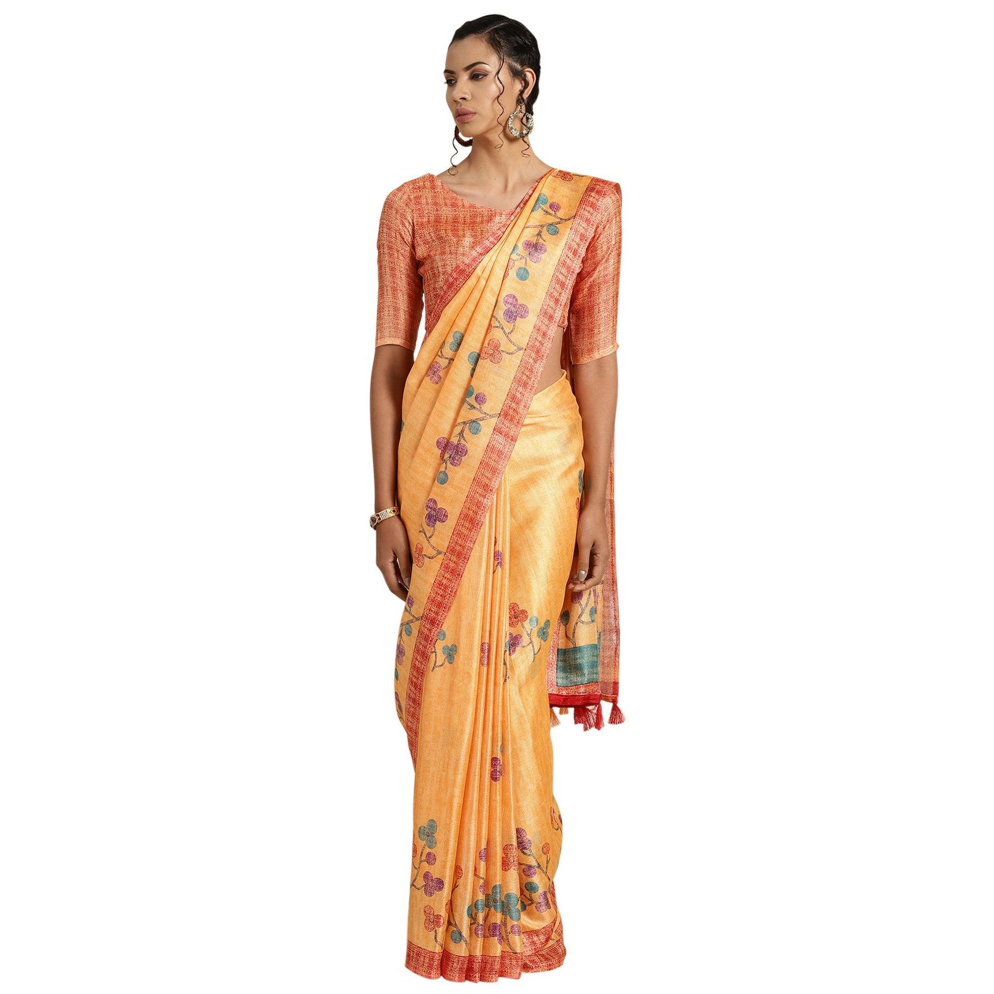 Desirable Orange Colored Casual Printed Cotton Saree