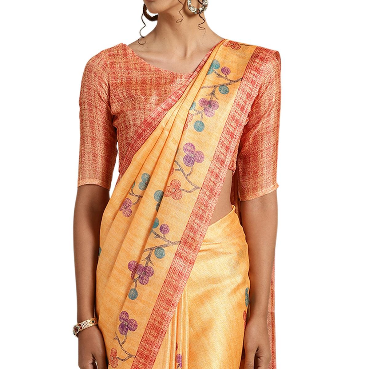 Desirable Orange Colored Casual Printed Cotton Saree
