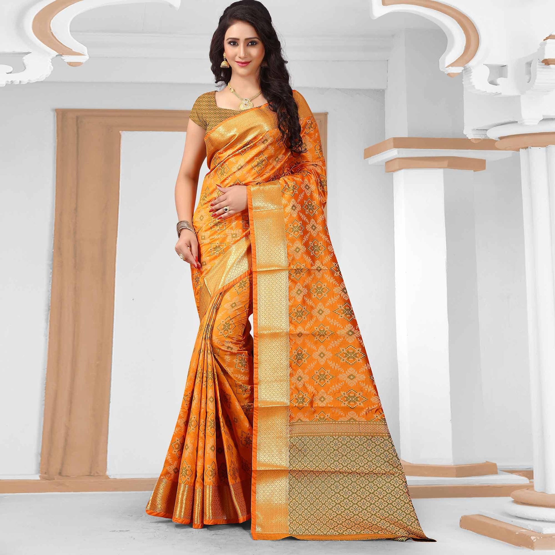 Desirable Orange Colored Festive Wear Woven Silk Saree