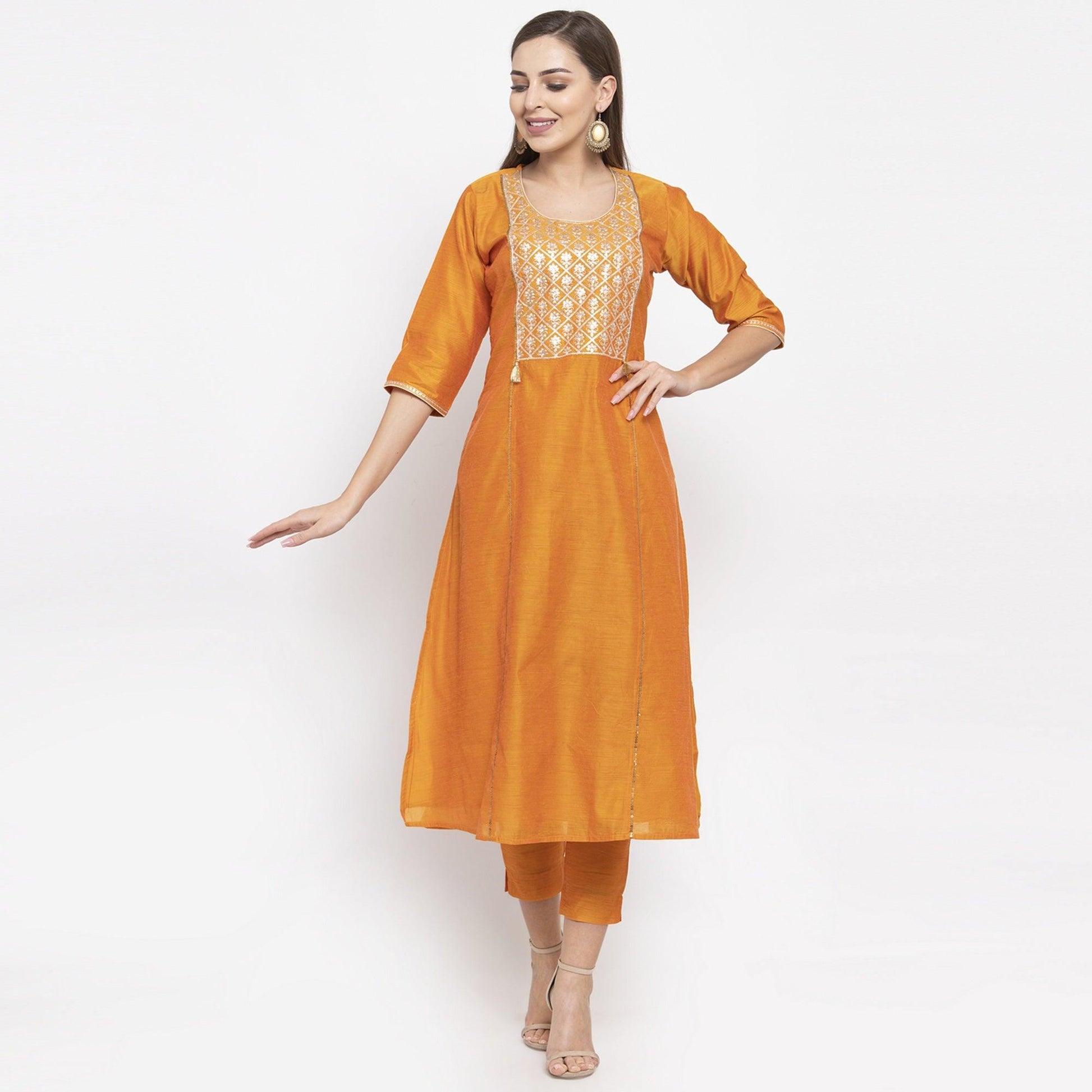Desirable Orange Colored Party Wear Embroidered Calf Length A-Line Cotton-Chanderi Silk Kurti-Pant Set