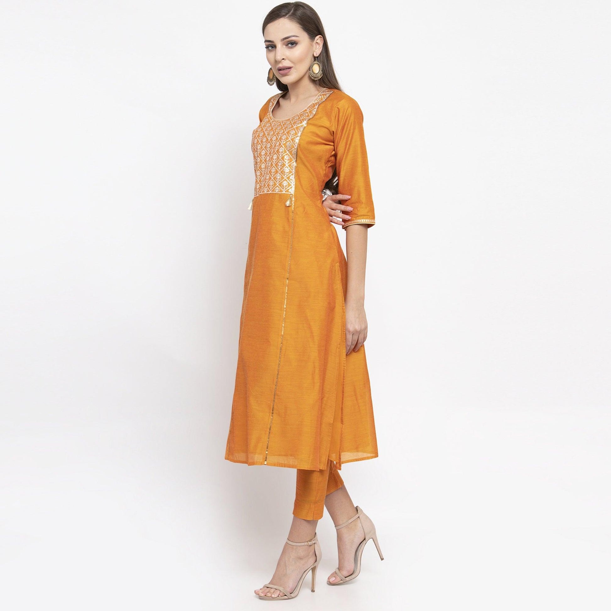 Desirable Orange Colored Party Wear Embroidered Calf Length A-Line Cotton-Chanderi Silk Kurti-Pant Set
