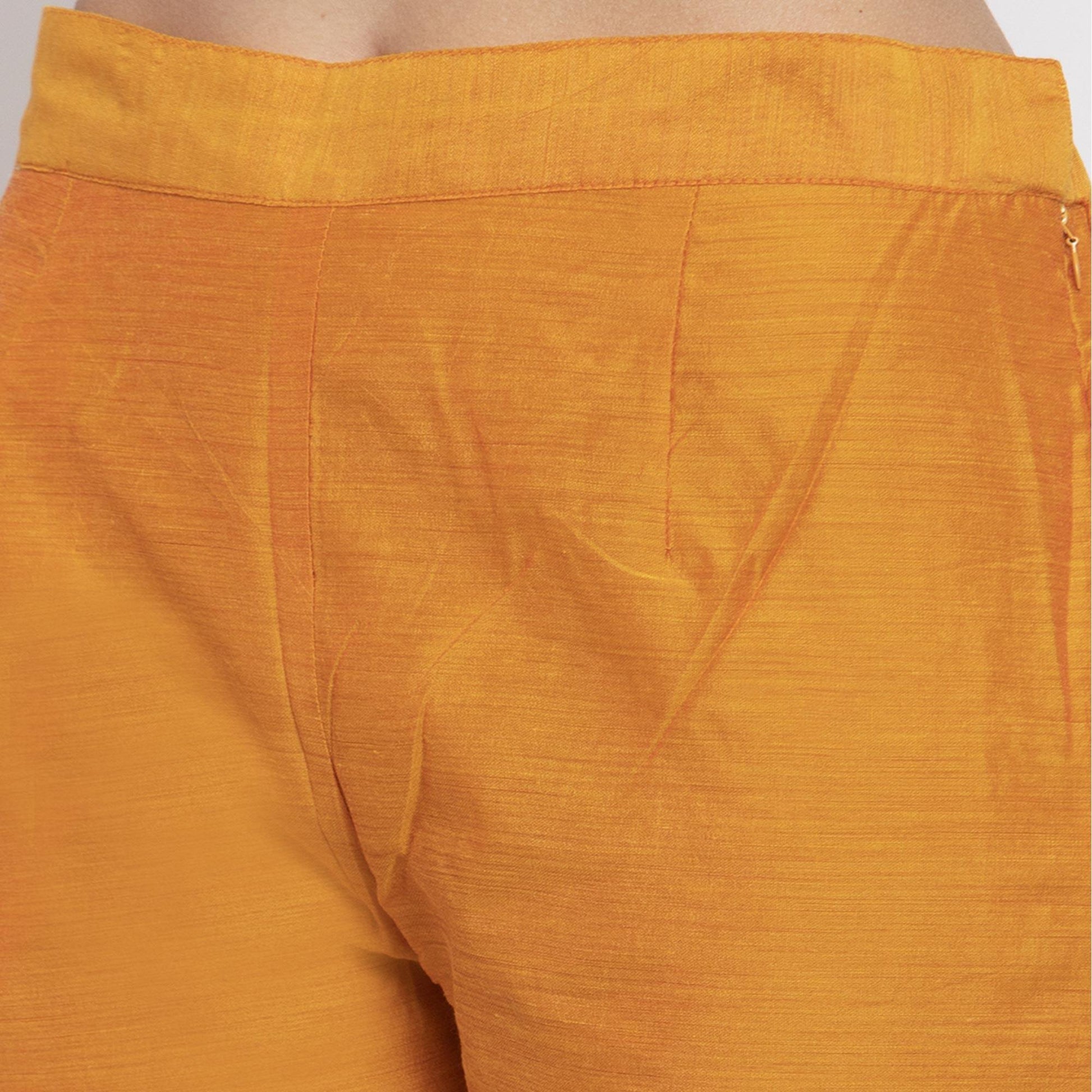 Desirable Orange Colored Party Wear Embroidered Calf Length A-Line Cotton-Chanderi Silk Kurti-Pant Set