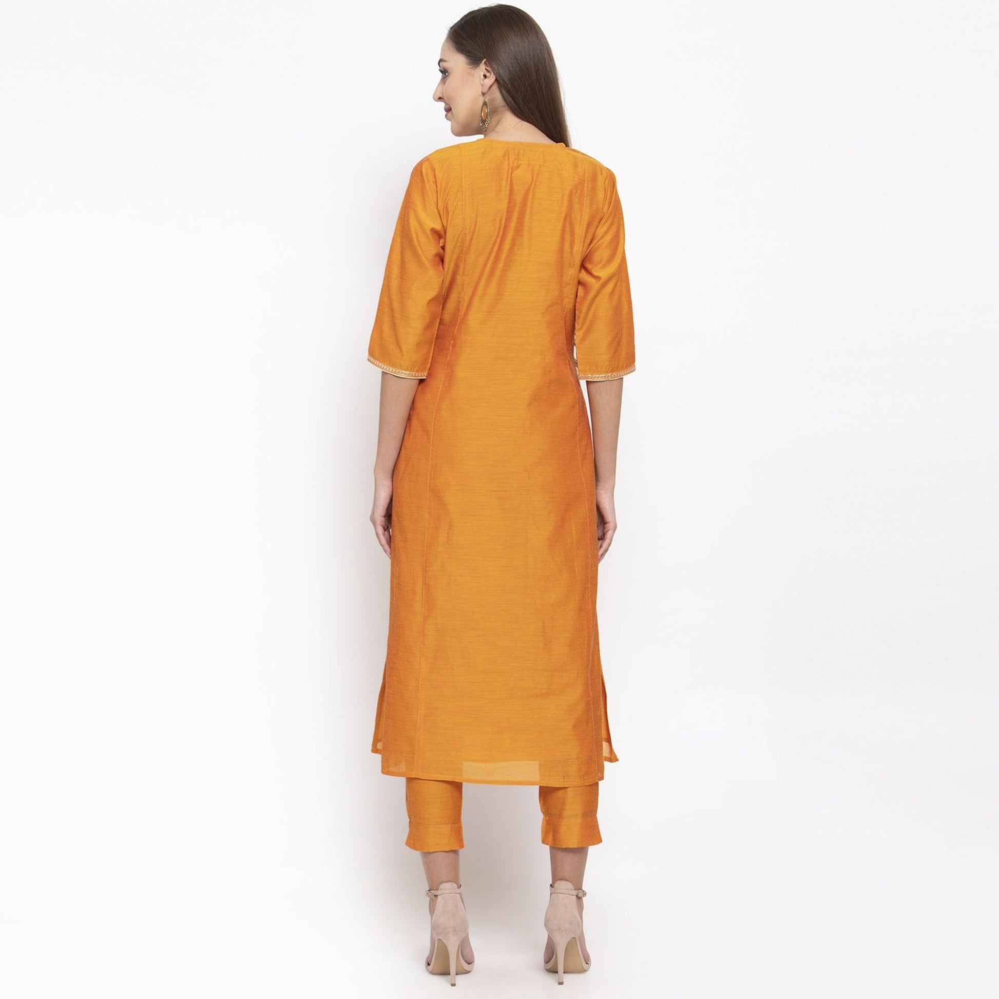 Desirable Orange Colored Party Wear Embroidered Calf Length A-Line Cotton-Chanderi Silk Kurti-Pant Set
