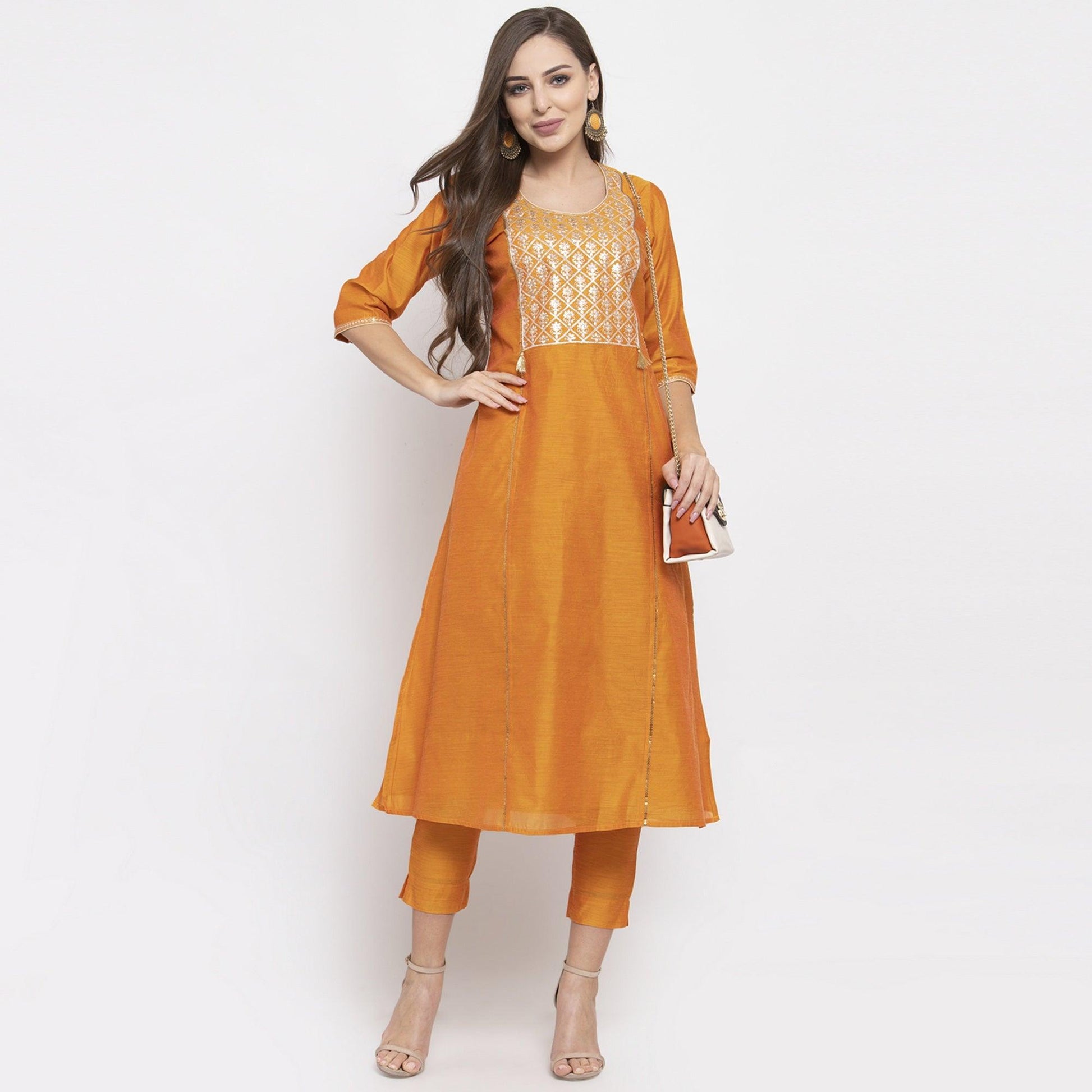 Desirable Orange Colored Party Wear Embroidered Calf Length A-Line Cotton-Chanderi Silk Kurti-Pant Set