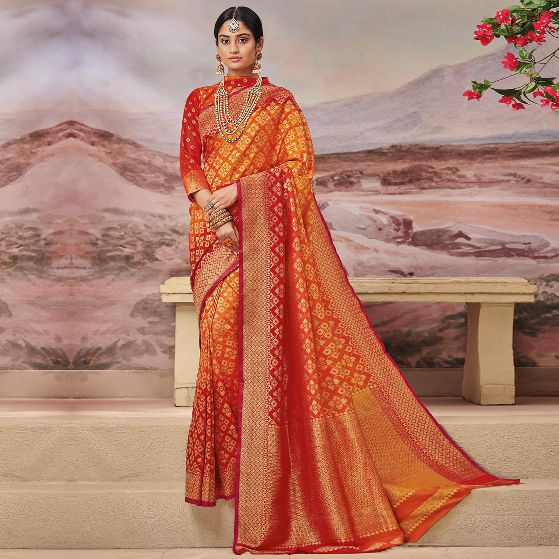 Desirable Orange-Red Colored Festive Wear Woven Silk Saree