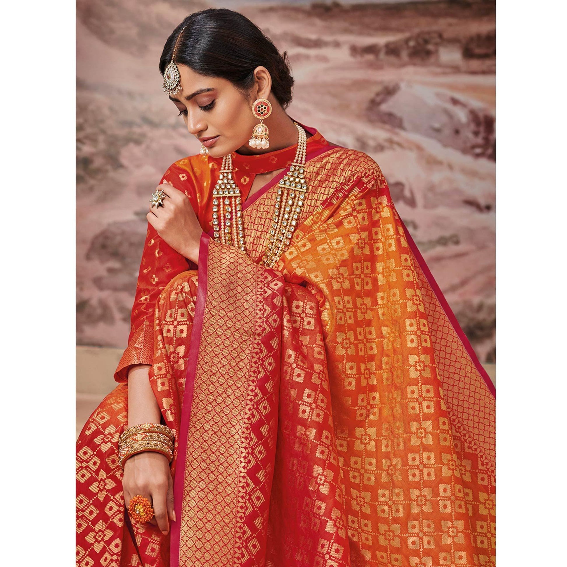 Desirable Orange-Red Colored Festive Wear Woven Silk Saree