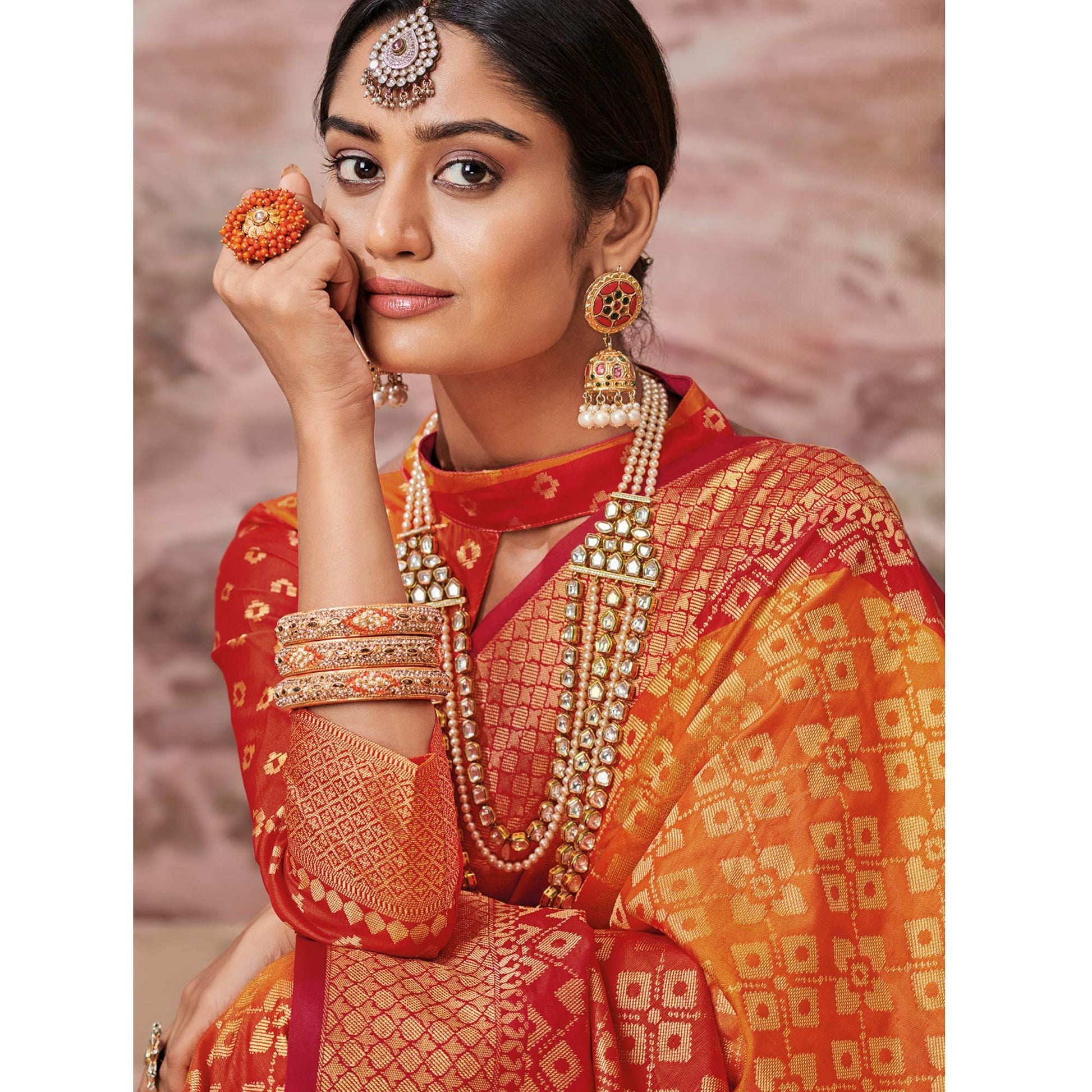 Desirable Orange-Red Colored Festive Wear Woven Silk Saree