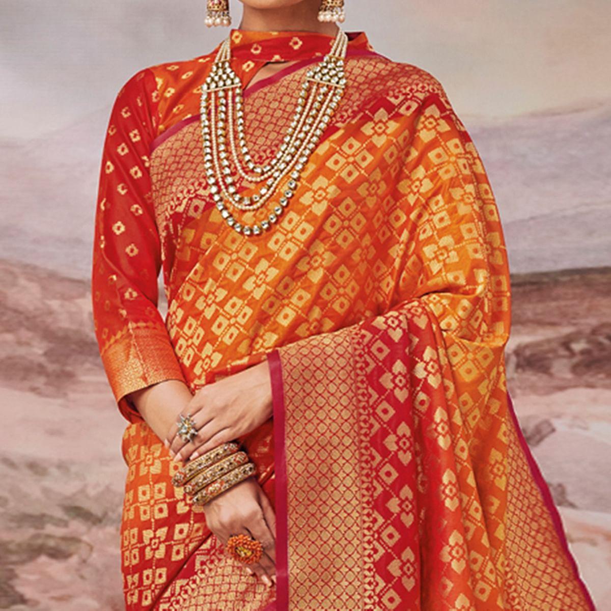 Desirable Orange-Red Colored Festive Wear Woven Silk Saree