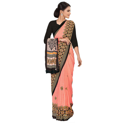 Desirable Peach Colored Casual Wear Printed Georgette Saree