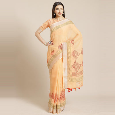 Desirable Peach Colored Casual Wear Printed Linen Saree