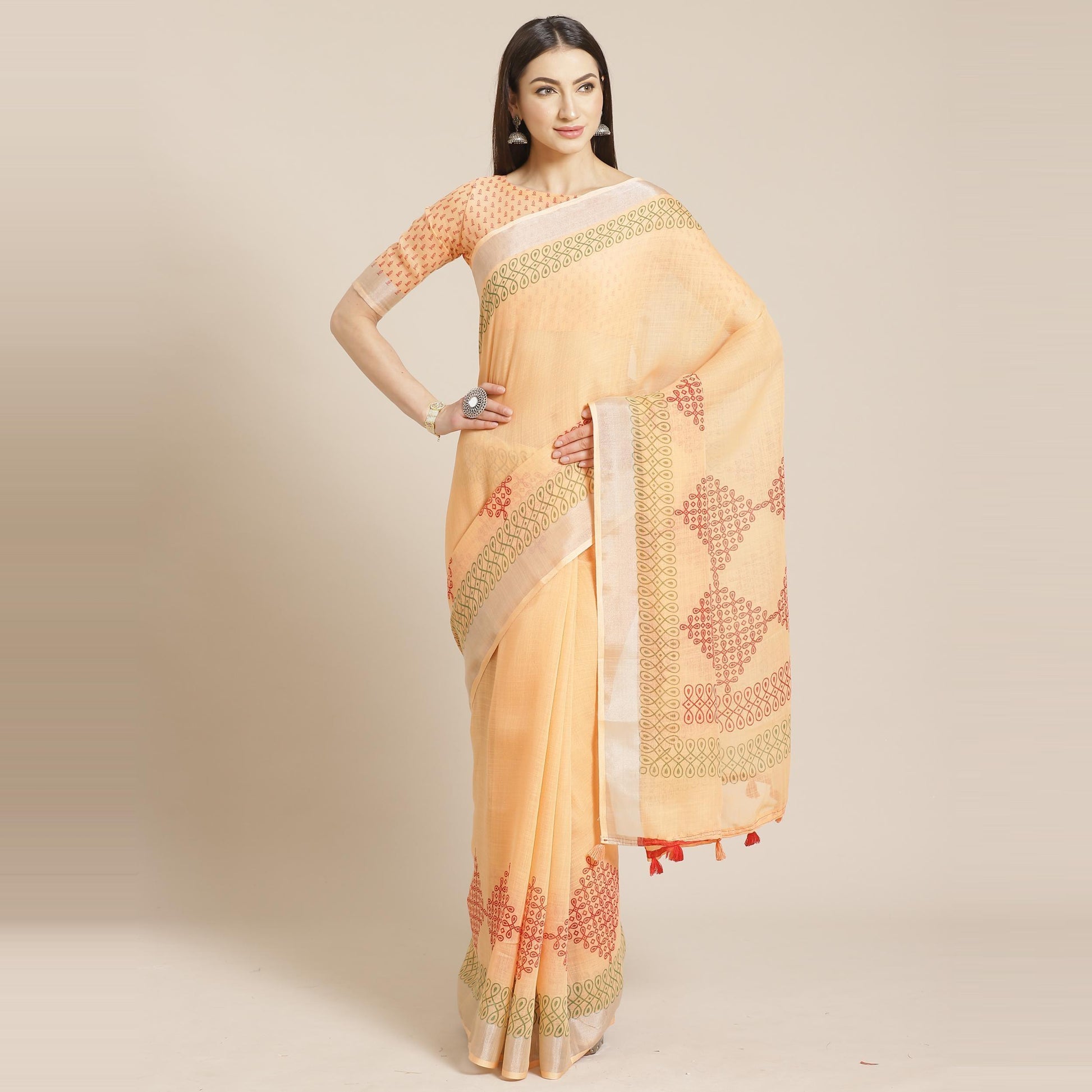 Desirable Peach Colored Casual Wear Printed Linen Saree