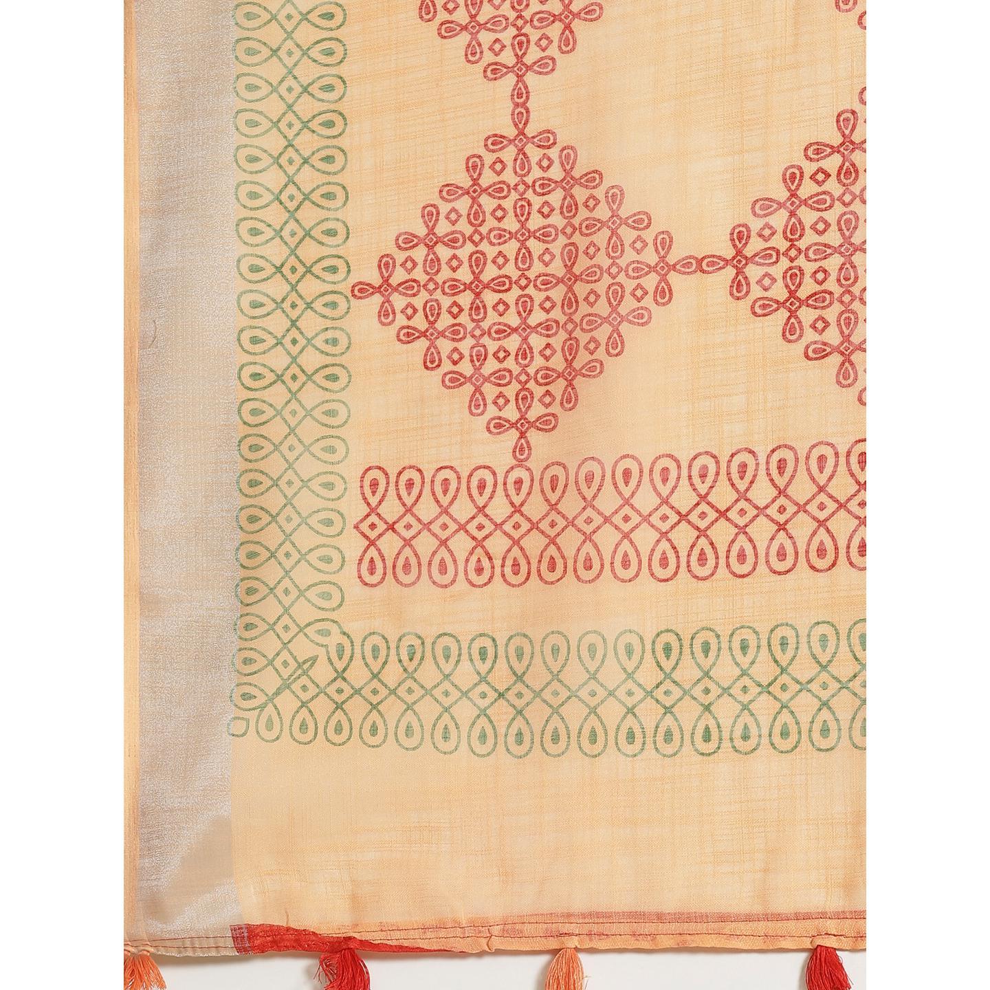 Desirable Peach Colored Casual Wear Printed Linen Saree