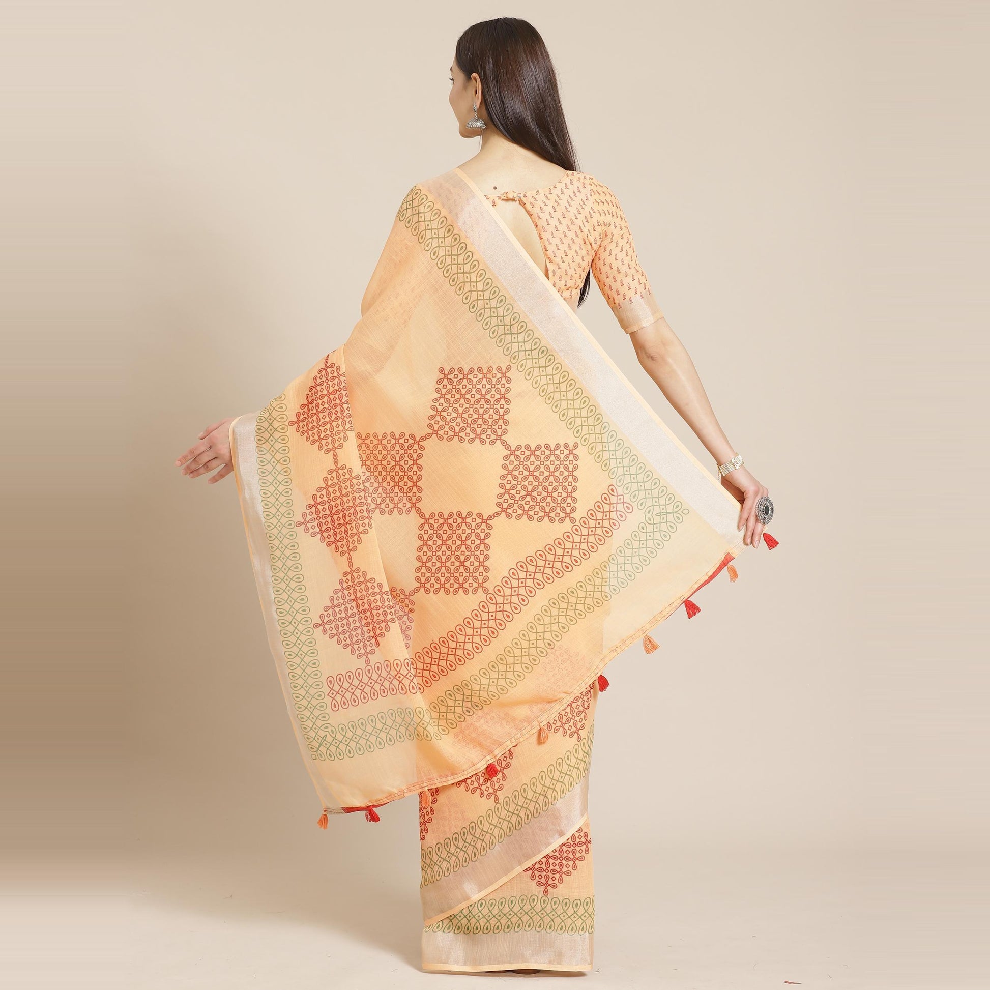 Desirable Peach Colored Casual Wear Printed Linen Saree