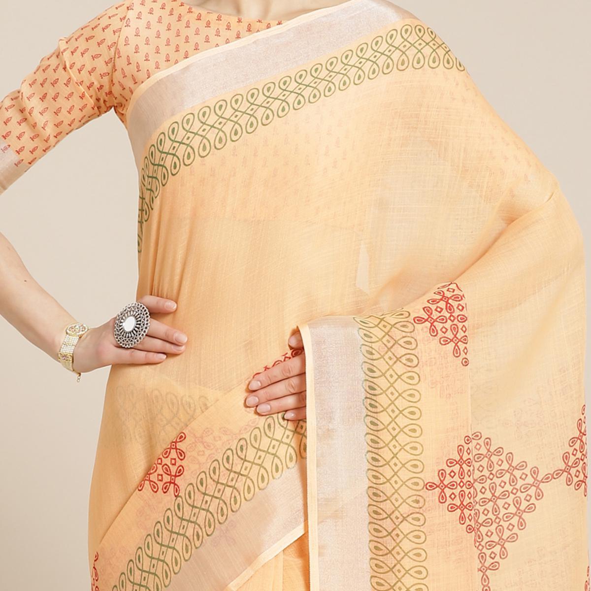 Desirable Peach Colored Casual Wear Printed Linen Saree