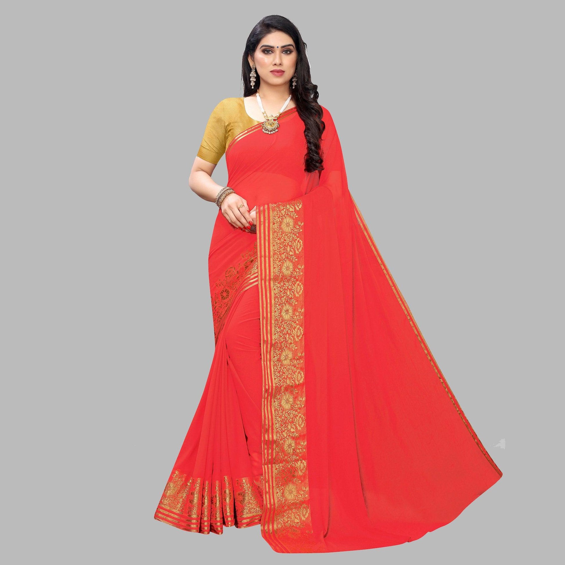 Desirable Peach Colored Festive Wear Woven Chiffon Saree