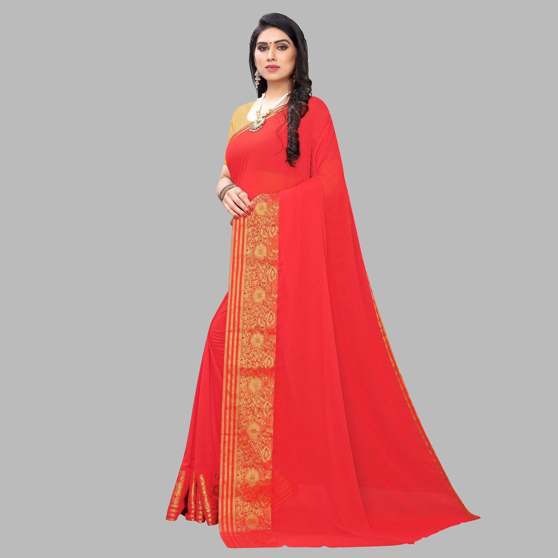 Desirable Peach Colored Festive Wear Woven Chiffon Saree