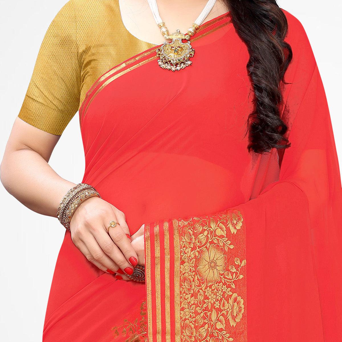 Desirable Peach Colored Festive Wear Woven Chiffon Saree