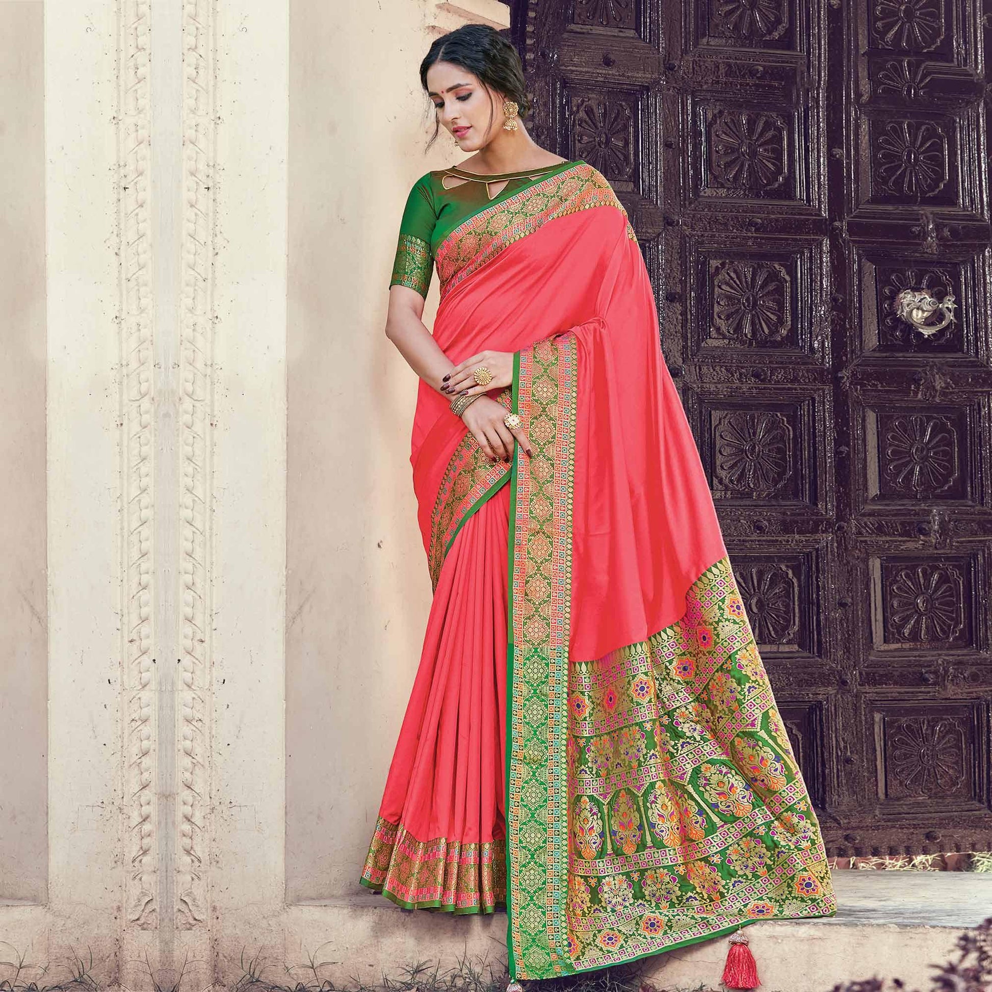 Desirable Peach Coloured Partywear Woven Silk Saree