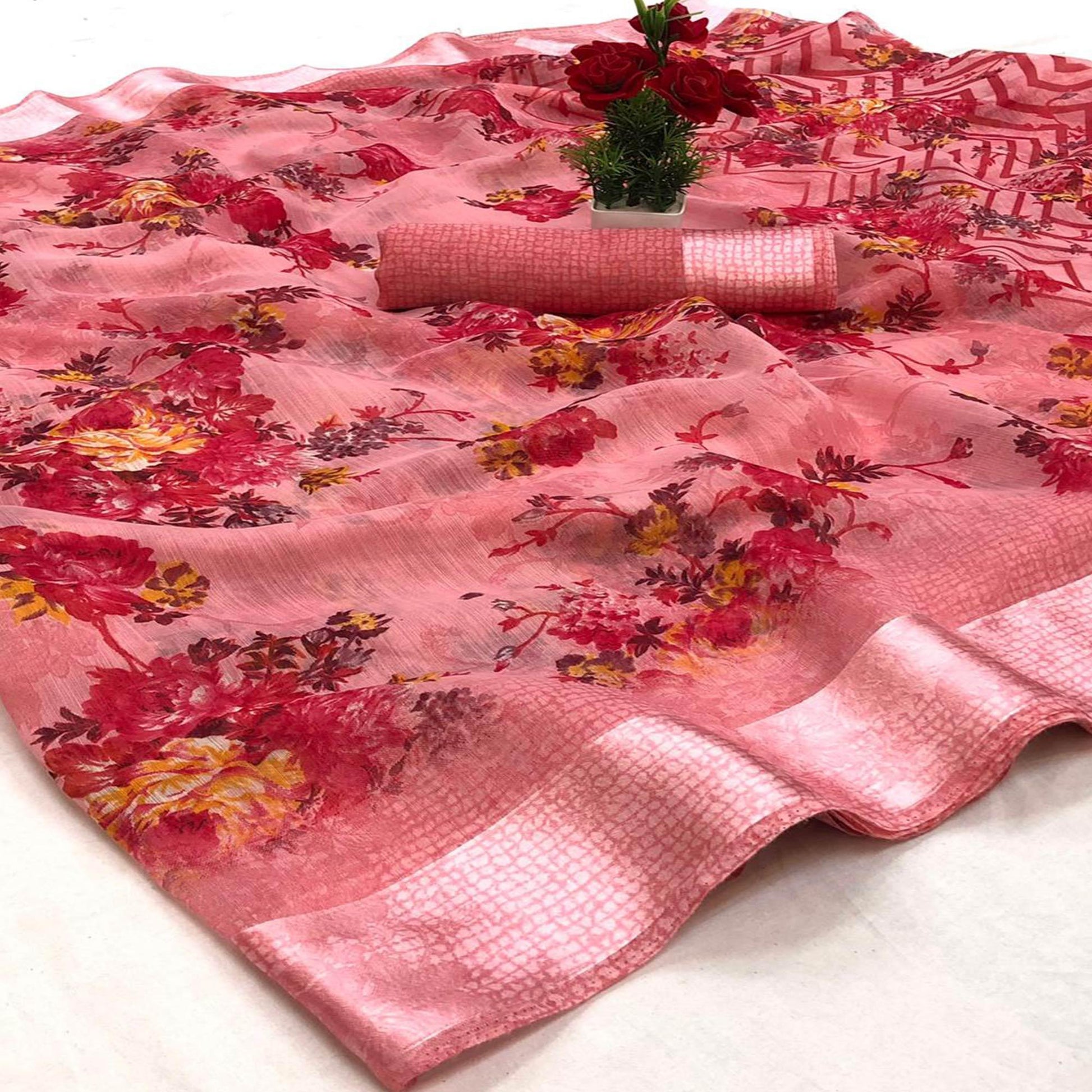 Desirable Pink Colored Casual Wear Digital Printed Heavy Cotton Linen Saree
