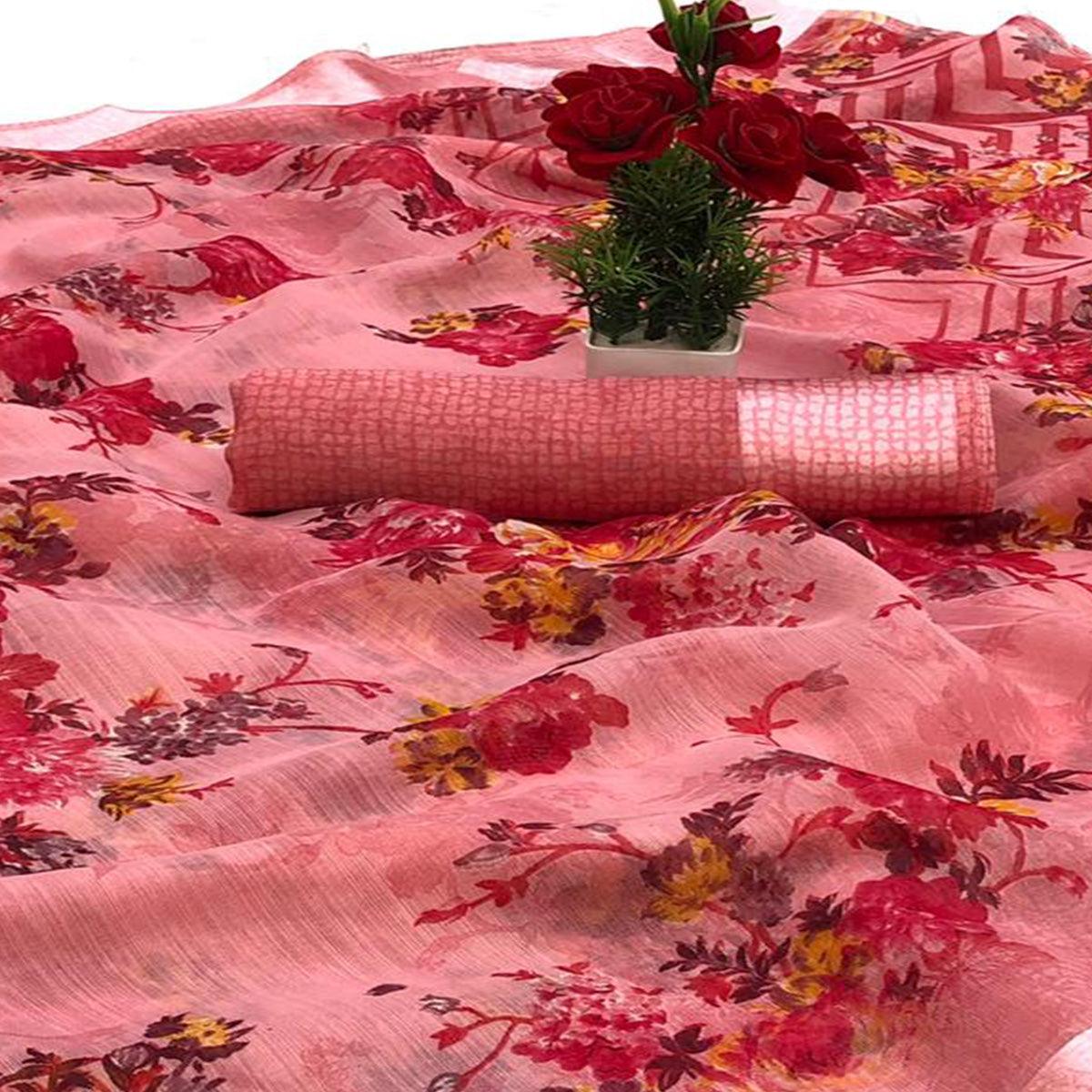 Desirable Pink Colored Casual Wear Digital Printed Heavy Cotton Linen Saree