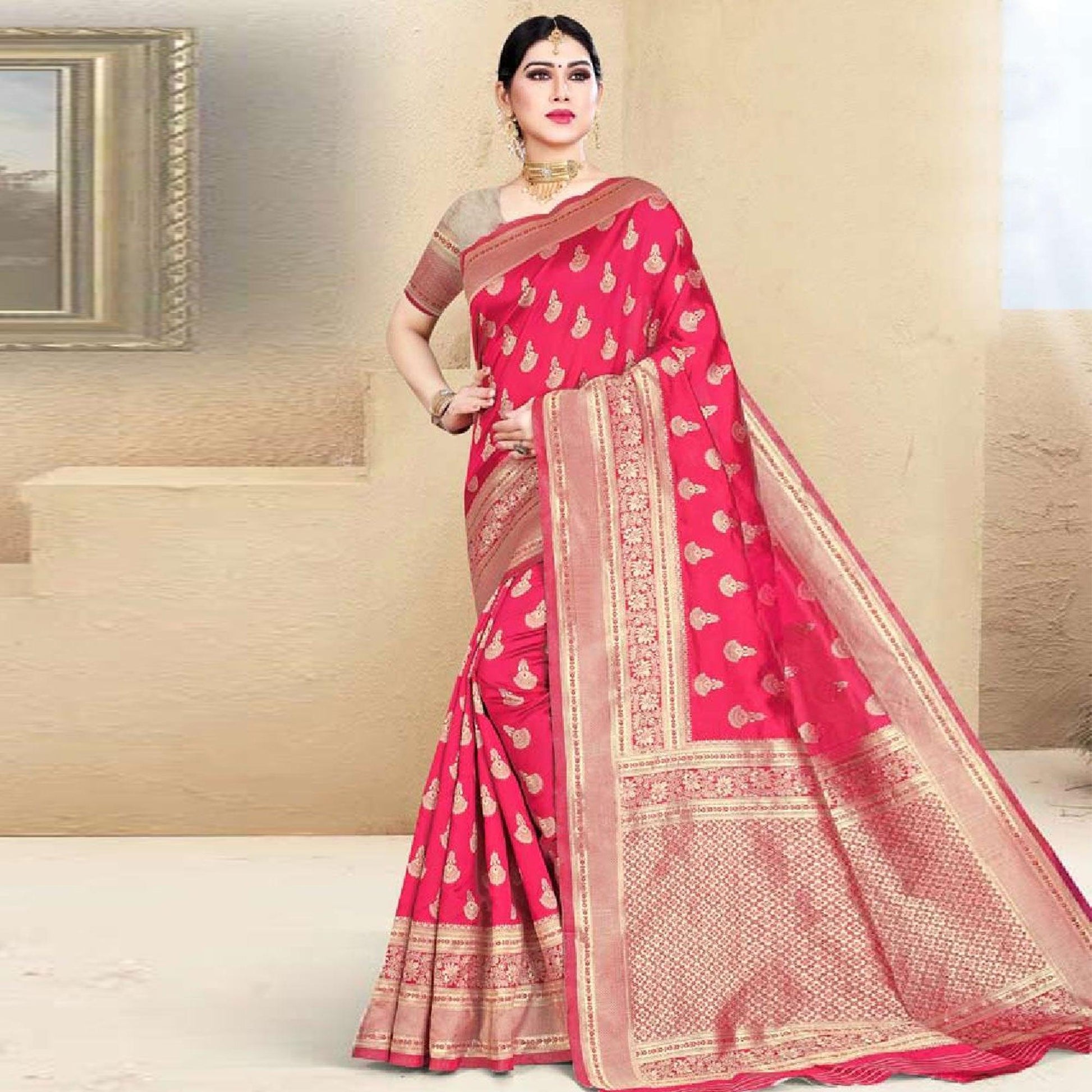 Desirable Pink Colored Festive Wear Woven Art Silk Saree