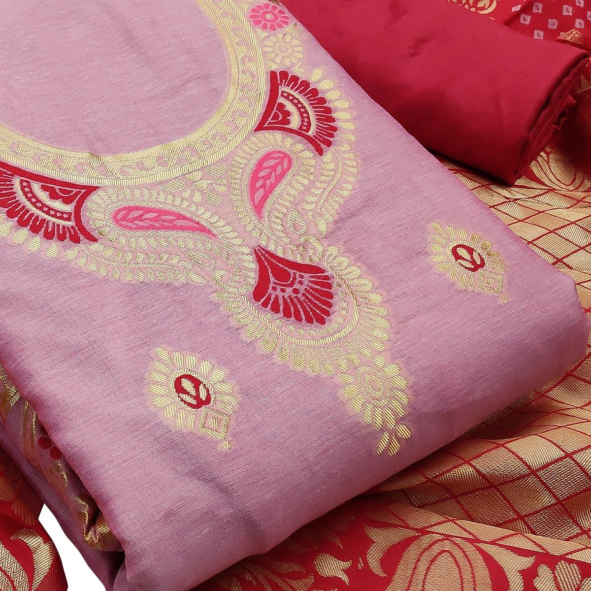 Desirable Pink Colored Festive Wear Woven Banarasi Silk Dress Material