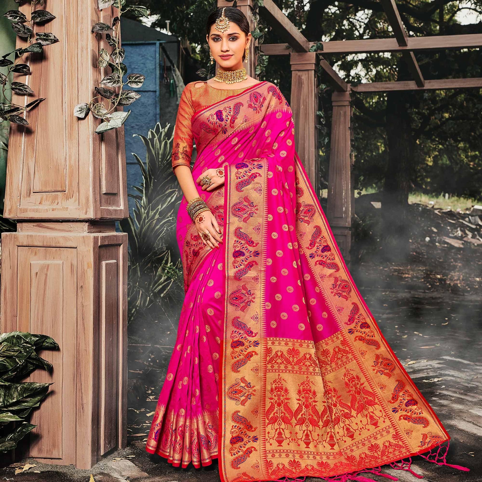 Desirable Pink Colored Festive Wear Woven Banarasi Silk Saree With Tassels