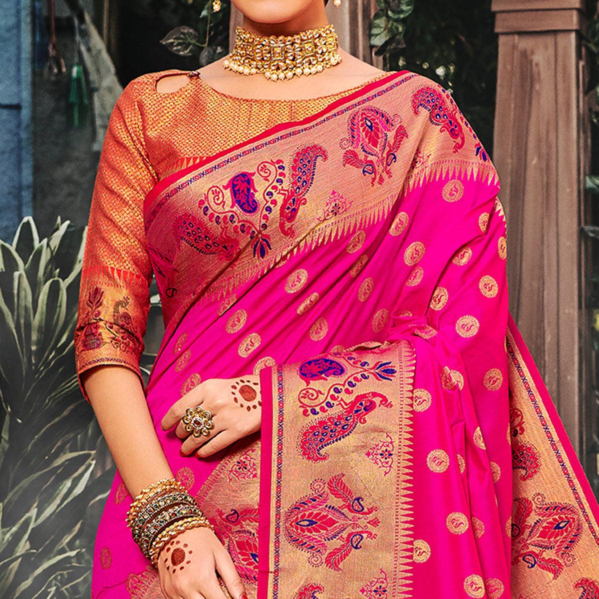 Desirable Pink Colored Festive Wear Woven Banarasi Silk Saree With Tassels