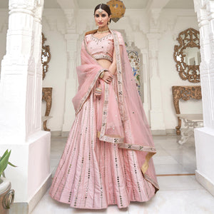 Desirable Pink Coloured Wedding Wear Mirror Work Heavy Silk Lehenga Choli