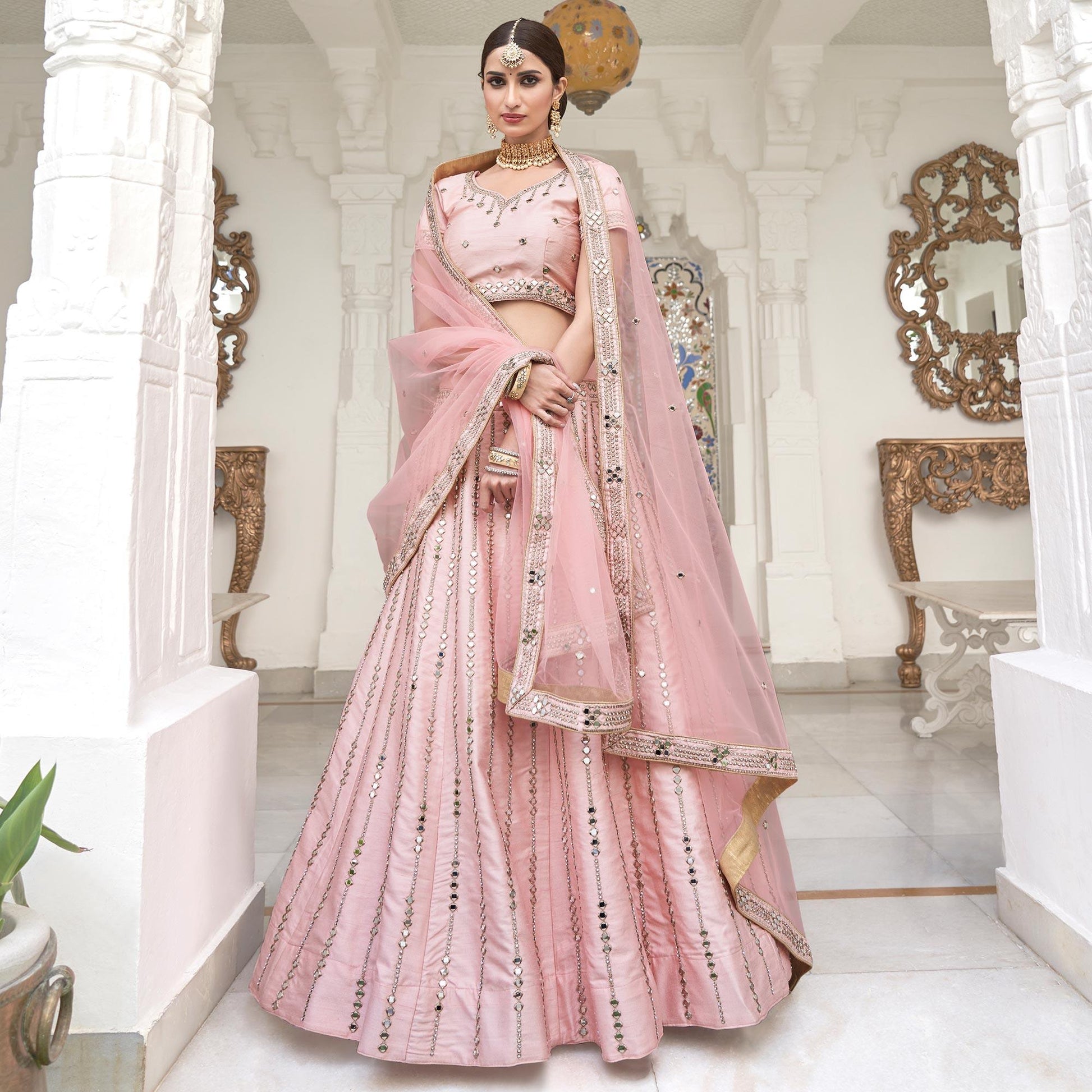 Desirable Pink Coloured Wedding Wear Mirror Work Heavy Silk Lehenga Choli