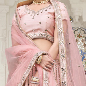 Desirable Pink Coloured Wedding Wear Mirror Work Heavy Silk Lehenga Choli