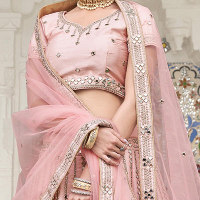 Desirable Pink Coloured Wedding Wear Mirror Work Heavy Silk Lehenga Choli