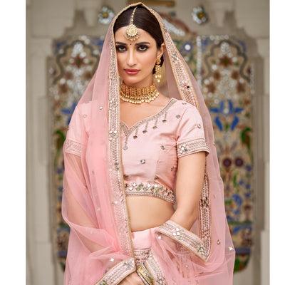 Desirable Pink Coloured Wedding Wear Mirror Work Heavy Silk Lehenga Choli