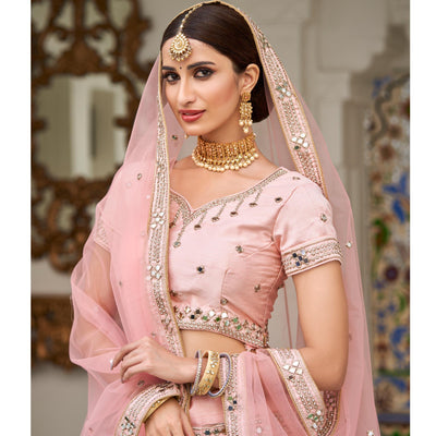 Desirable Pink Coloured Wedding Wear Mirror Work Heavy Silk Lehenga Choli