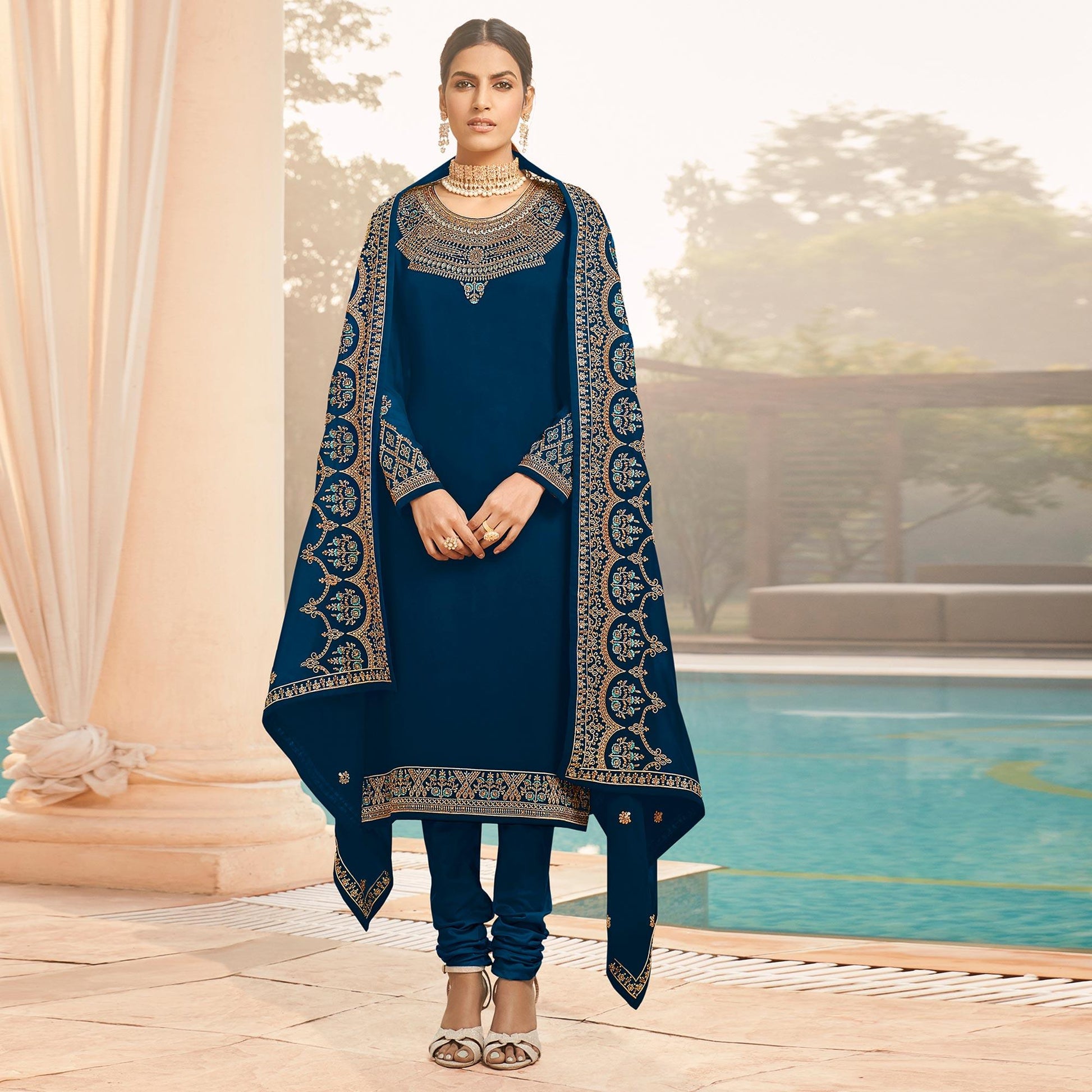 Desirable Rama Blue Coloured Party Wear Embroidered Stone Work Faux Georgette Salwar Suit
