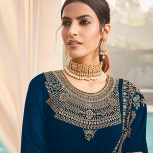 Desirable Rama Blue Coloured Party Wear Embroidered Stone Work Faux Georgette Salwar Suit