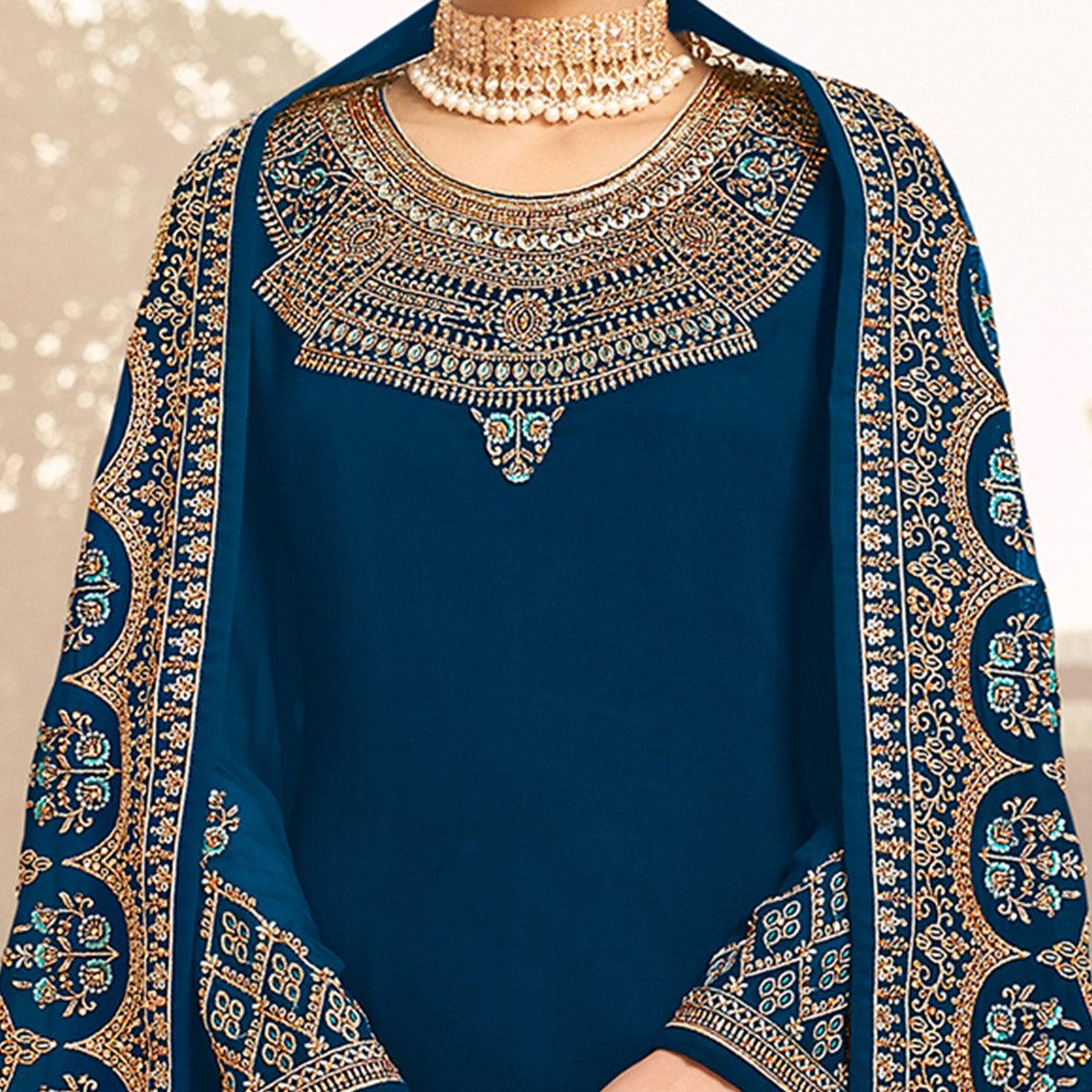 Desirable Rama Blue Coloured Party Wear Embroidered Stone Work Faux Georgette Salwar Suit